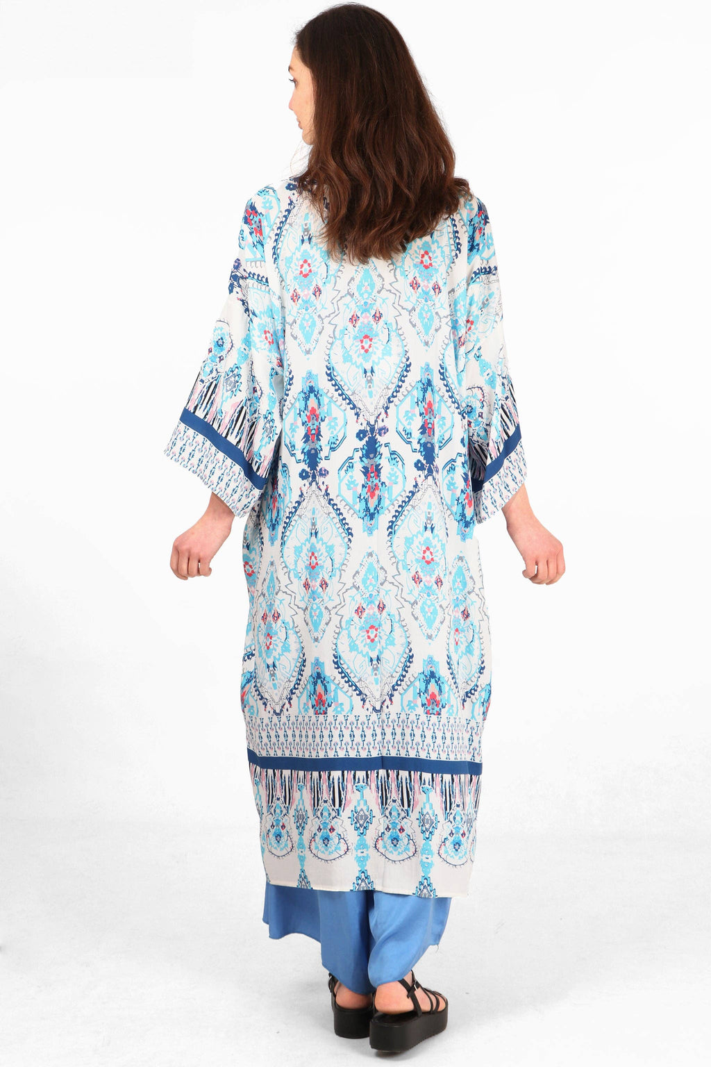 Mandala Print Long Kimono Robe in Blue & White