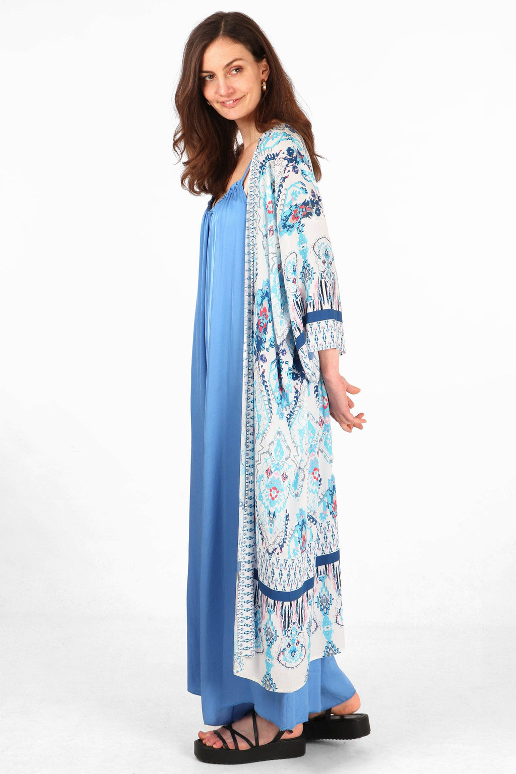 Mandala Print Long Kimono Robe in Blue & White