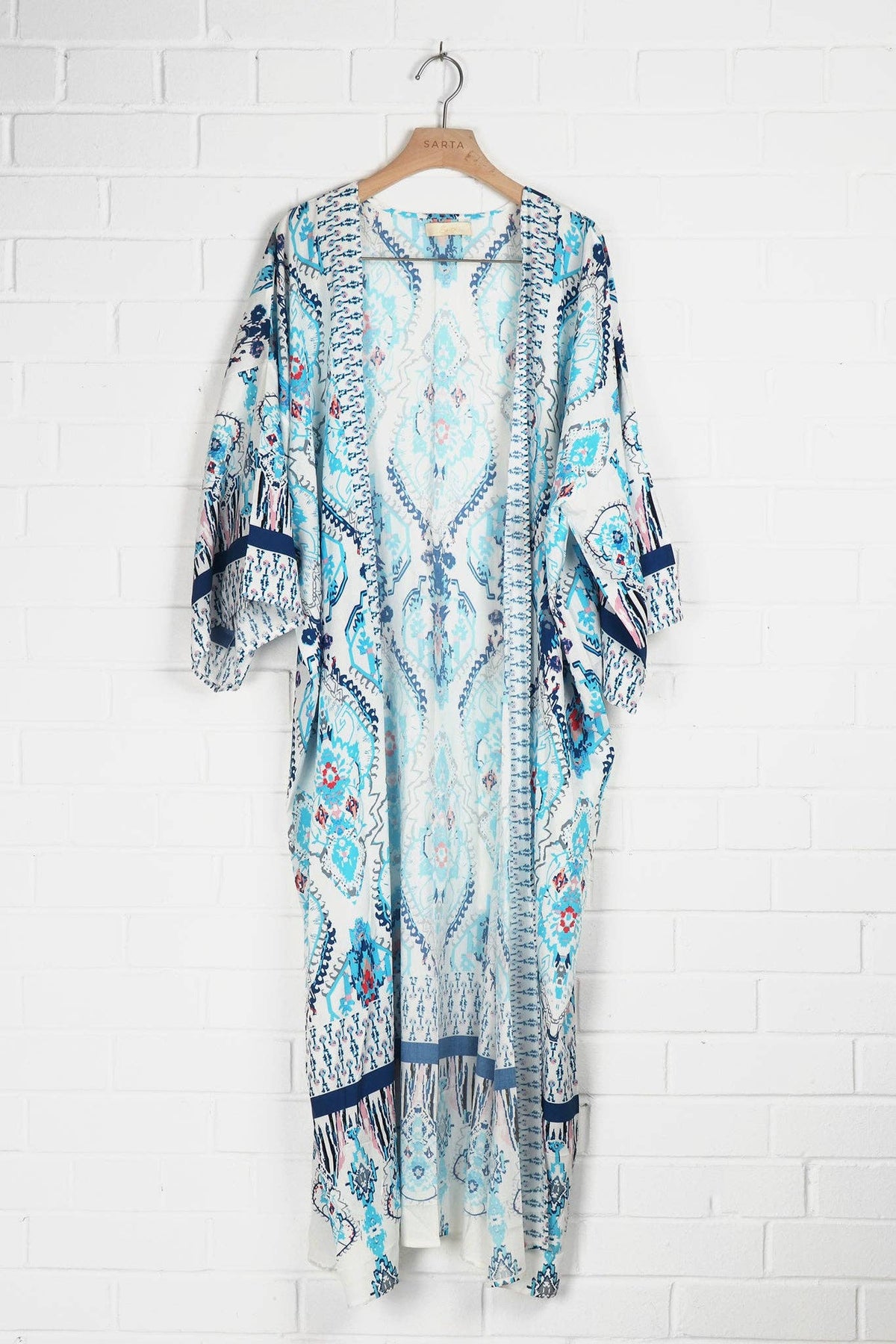 Mandala Print Long Kimono Robe in Blue & White