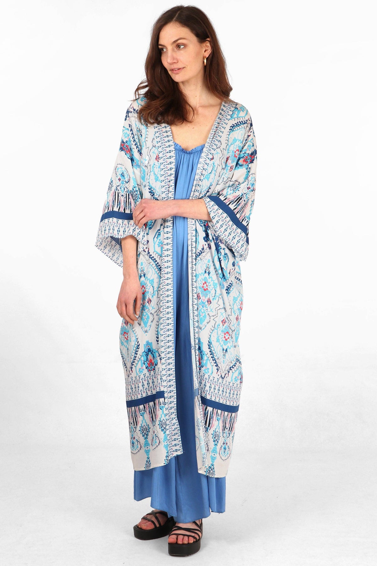 Mandala Print Long Kimono Robe in Blue & White